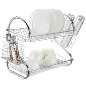 Fém edényszárító műanyag csepegtető tálcával, 2 szintes, ezüst - 41 cm