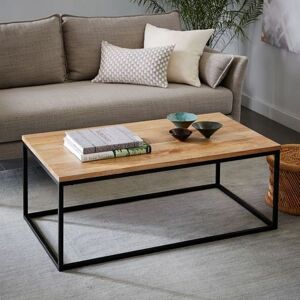 Elite Home® Elegáns, minimalista stílusú fekete fémvázas dohányzóasztal, tölgy színű asztallappal