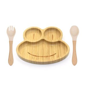 Elite Home® béka formájú bambusz tányér tapadókorongos talppal, gyermek étkezőkészlet szilikon fejű kanállal és villával, 3 db-os szett