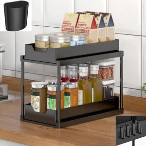 Elite Home® kétszintes tárolópolc, rendszerező szekrénybe, mosogató alá, fürdőszobába, hálószobába, kihúzható alsó polccal, 4 db kampóval, 1 db akasztópohárral, fekete