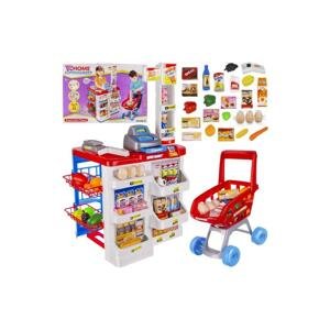 Nagy méretű szupermarket játék bevásárlókocsival, pénztárgéppel, elemes vonalkódolvasóval, mérleggel, kiegészítőkkel