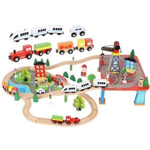 88 részes fából készült vasútpálya szett gyerekeknek, elektromos vonattal, kiegészítőkkel, 3,3 m-es pályával